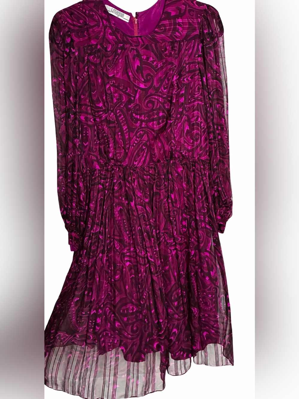 Archival Pauline Trigere for I Magnin Sheer Pleated Paisley Magenta Midi Dress